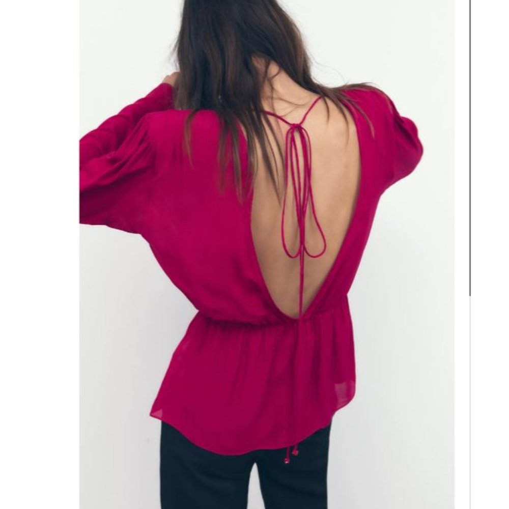 NWT SEMI-SHEER BLOUSE WITH SHOULDER PADS OPEN BACK DARK PINK FUCHSIA.